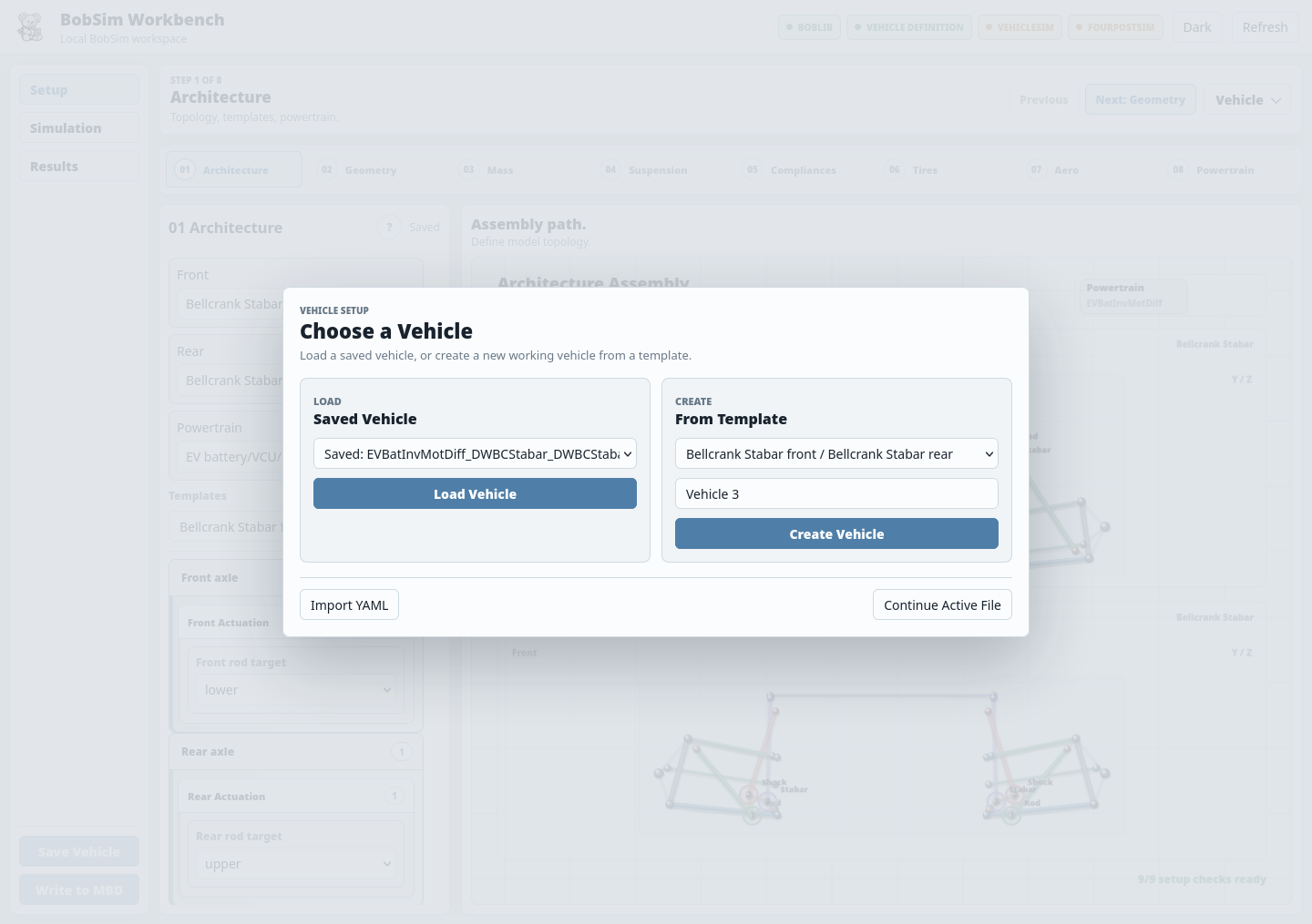 BobSim vehicle chooser dialog with saved vehicle and template creation panels